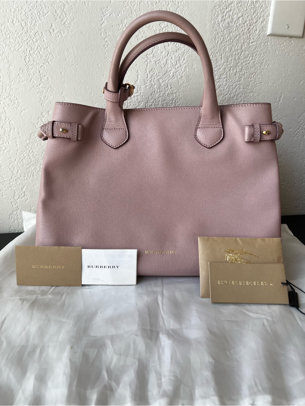 BURBERRY Pink Leather and House Check Fabric Medium Banner Tote